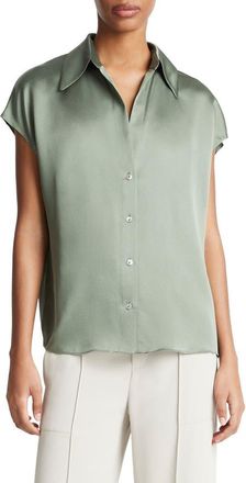 Vince Cap Sleeve Gathered Back Short Sleeve Silk Button-Up Shirt in Sea Fern at Nordstrom Rack, Size Small