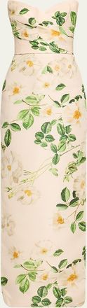 Monique Lhuillier Floral-Print Draped Strapless Gown