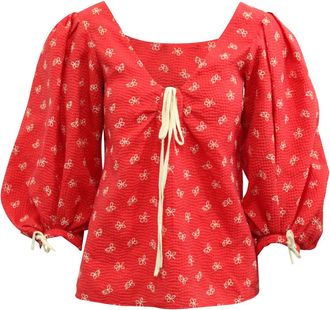 Rosie Assoulin Floral Tie Neck Blouse in Red Polyester