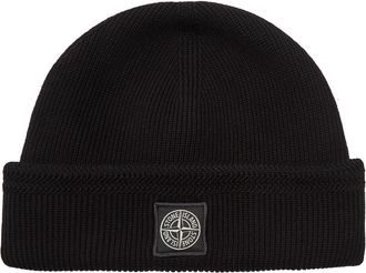 Stone Island Compass Logo-appliqu&eacute;d Ribbed Cotton-knit Beanie - Black - One Size