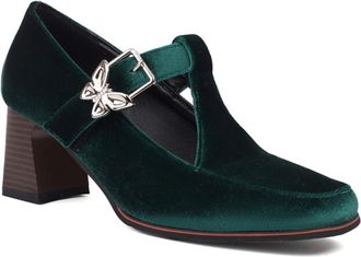 Generic Womens Velvet T Strap Pumps Butterfly Buckle Detail Square Toe Chunky Block Heel Non Slip Durable Comfortable Dress Daily Shoes,Green,7.5 UK