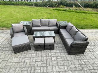 Fimous Outdoor Lounge Sofa Set 10 Seater Rattan Garden Furniture Set with Rectangular Coffee Table 3 Footstools 3 Seater Sofa 2 Side Tables