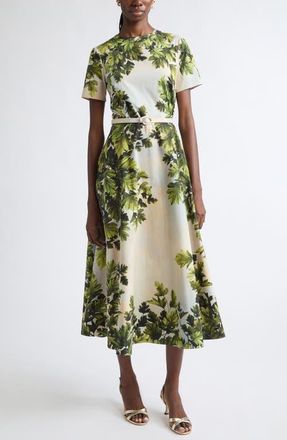 Oscar De La Renta Maple Leaves Cotton Stretch Poplin Midi Dress in Green Multi at Nordstrom, Size 12
