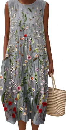 Generic Summer Dress,Muslin Dress Women Bohemian Floral Sleeveless Casual Tunic Beach Frocks Cotton Crew Neck Flowy Sundress with Pockets for Daily Holiday Tr
