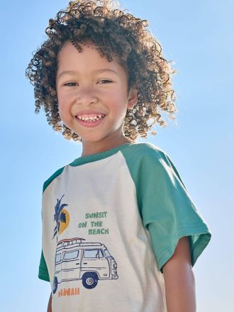 Vertbaudet Jungen T-Shirt mit Raglan&auml;rmeln und grossem Printmotiv, Recycling-Baumwolle smaragdgr&uuml;n