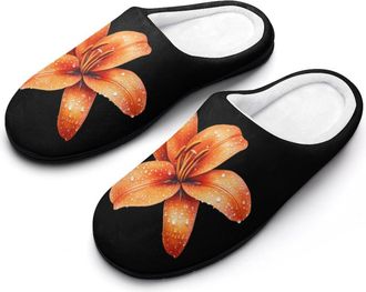 Generic Orange Lily Flower Mens House Slippers Memory Foam Washable Cotton Slip on Home Shoes