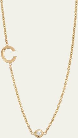 Zoe Lev Jewelry 14K Gold Asymmetrical Initial and Bezel Diamond Necklace, 16-18L