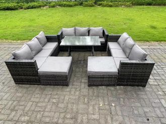 Fimous 11 Seater Wicker PE Rattan Outdoor Furniture Lounge Sofa Garden Dining Set with Dining Table Footstools in Dark Grey