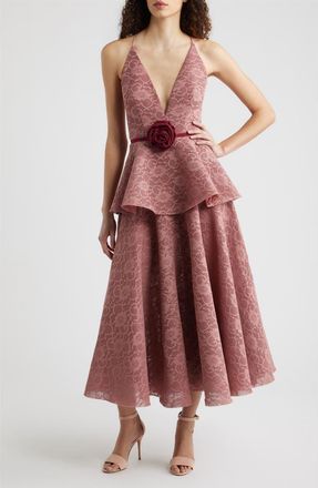 Black Halo Almira Floral Lace Peplum Cocktail Dress in Desert Rose at Nordstrom, Size 10