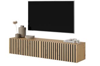 Selsey Selsey - Telire - Mueble De Tv Colgante - Roble Artesano Con Frente De Listones E Inserciones Negras - 140 Cm