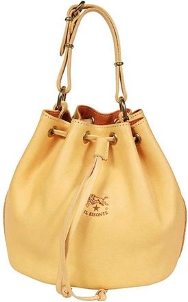 IL BISONTE Tassen, Dames, Beige, ONE Size, Leer, Franje Trekkoord Leren Schoudertas