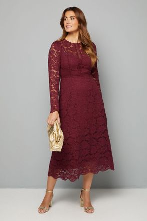 Wallis Womens Lace Fit And Flare Midi Dress - Berry - Size 14 UK