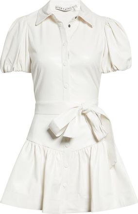 Alice & Olivia Henrietta Tie Belt Faux Leather Tiered Mini Dress in Off White at Nordstrom, Size 10