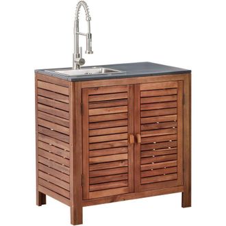 Beliani Beliani - Armario De Cocina Exterior Madera De Acacia 2 Puertas 2 Estantes 80 X 50 X 83 Cm Encimera De Acero Con Fregadero Grifo Marr&oacute;n Y Plateado Bru
