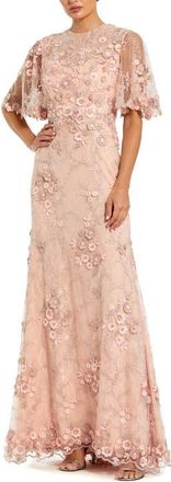 Mac Duggal Petite Flutter Sleeve Floral Embroidered Net Gown in Rose at Nordstrom, Size 16P