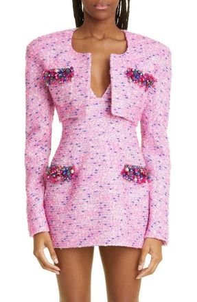 Area Grape Embellished Crop Boucl&eacute; Tweed Jacket in Fuchsia Multi at Nordstrom, Size 10