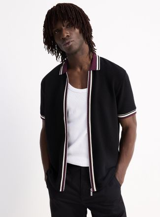 Le 31 Mens Polo-collar zipped honeycomb jersey Cardigan Sweater Standard fit