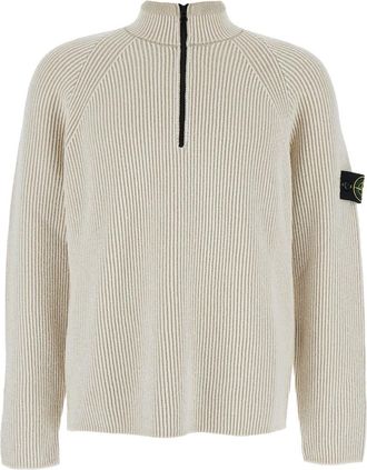 Stone Island White Sweater With Logo Patch On The Sleeve And Front Half Zip Closure In Wool Stretch Man