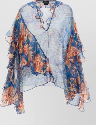 Etro chiffon blouse paisley ruffles sheer v neckline