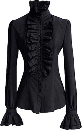 Generic Women Vintage Victorian Button Down Shirts Stand Collar Frilly Ruffle Gothic Blouses Retro Flared Sleeve Tops Women Renaissance Tops Carnival