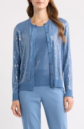 Anne Klein Sequin Metallic Stripe Crewneck Cardigan in Dutch Blue at Nordstrom, Size X-Small