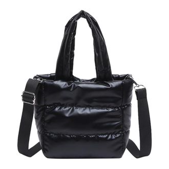 Generic Woman Puffy Lightweight Handbag Large Capacity Quilted Shoulder Bag Adjustable Strap Puffer Satchel Bag Shopping Bag (Black)
