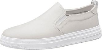 Generic Mens Leather Slip On Low Top Loafers White Casual Sneakers Flat Cowhide Comfort Shoes Easy Wear Mens Flats for Daily Walking Work and Travel(White,7.5
