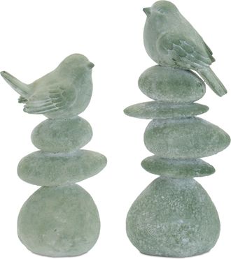 Melrose International Bird on Rock Stack Figurine (Set of 4) - Green