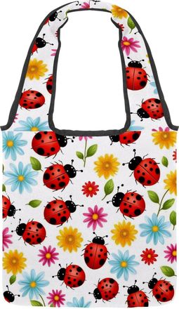 Generic Ladybugs and Flowers Reversible Canvas Shoulder Tote - Double-Sided Print, 12oz Cotton, 27cm Drop, Fold-Flat Bag for Travel, Shopping, Street Outings