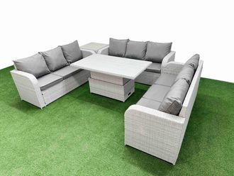 Fimous PE Rattan Lounge Sofa Set 9 Seater Outdoor Garden Furniture Set w/ Adjustable Lifting Dining or Coffee Table 3 Seater Sofa Side Table Light