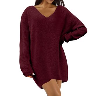 Generic Womens Autumn and Winter Lazy Pullover Loose V Neck Mid Length Sweater Knitted Dress Women Sweater Dress (Wine, M)