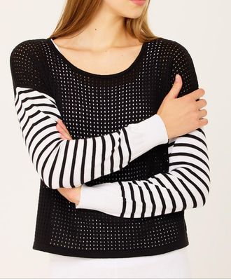 French Kyss Scoop Stripe Sleeve Crochet Top In Black/white