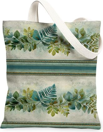 Generic Vintage Floral Canvas Tote Bags, Artistic Leaf Pattern Reusable Grocery Bags, Lightweight Washable Shoulder Strap Canvas Fo, Green, 13x15 Inch
