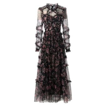 Generic Women Fashion Dress Bohemian Floral Print Net Yarn Cascading Ruffle Dresses Black 3XL