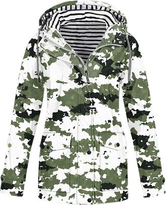 Generic womens jacket Womens Raincoats Uk Long Sleeve Waterproof Jacket Full Zip Long Sleeve Hooded Coats Camo Printed Casual Outdoor Hiking Clothes with Pock