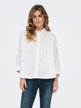 Only Hemdbluse ONLY ONLNEW LINA GRACE LS EMB SHIRT NOOS WVN, Damen, Gr. XL, hellwei&szlig; aop:lemon, Web, Obermaterial: 100% Baumwolle, bedruckt, Po-bedeckend, 