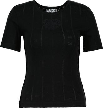 Ganni Womens Compact Pointelle Rib T-Shirt Black Cotton