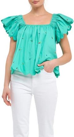 English Factory Floral Embroidered Scallop Trim Cotton Top in Emerald at Nordstrom Rack, Size X-Small