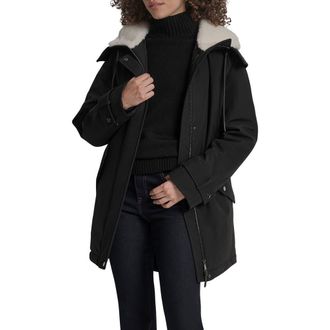DKNY Faux Fur Lined Hooded Softshell Parka in Black at Nordstrom Rack, Size X-Large