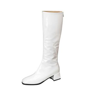 Generic Womens Low Block Heel Knee High Boots with Square Toe with Side Zipper for Autumn and Winter,White,7.5 UK