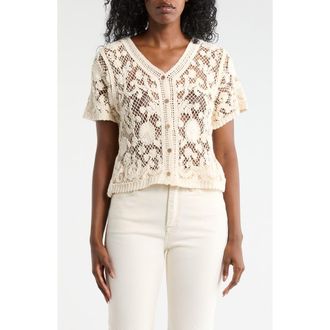 Forgotten Grace Open Stitch Short Sleeve Button-Up Shirt in Natural at Nordstrom Rack, Size X-Large