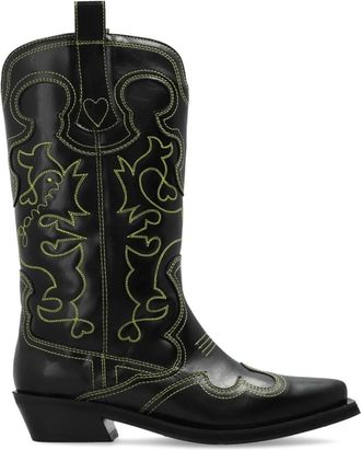 Ganni Geborduurde Western Laarzen - Dames - Cowboylaarzen - Zwart - 39 EU - Leer - Schoenen