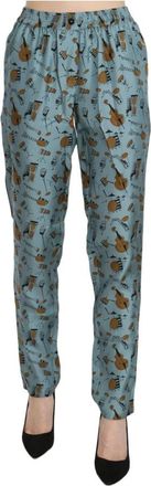 Dolce & Gabbana Zijden broek met muziekinstrumentenprint - Dames - Slim Fit Broeken - Blauw - M - Broeken