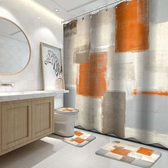 OEM Juego De Ba&ntilde;o De 4 Piezas: Cortina Naranja Y Blanca, Alfombra Y Accesorios, Decoraci&oacute;n Moderna