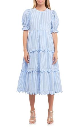 English Factory Stripe Scallop Edge Tiered Midi Dress in Blue Stripe at Nordstrom, Size Medium