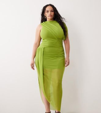 Asos Curve ASOS DESIGN Curve - Vestito midi drappeggiato in rete verde con mantella