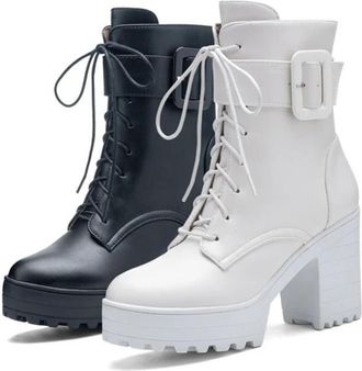 Generic Womens Combat Ankle Boots Round Toe Platform High Chunky Heel With Lace Up Front And Buckle Straps Gothic Punk Booties