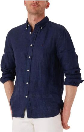 Tommy Hilfiger Overhemden, Heren, Blauw, M, Linnen, Pigment Geverfd Shirt