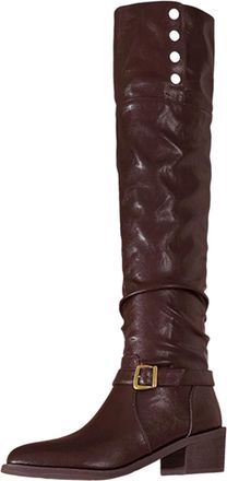 Generic Womens Knee High Boots Stretch Ladies Long Booties Stylish Solid Color Buckle Chunky Heel Comfortable Pull On Walking Boots Outdoor Party