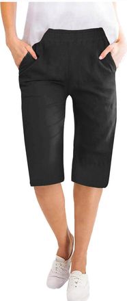 Generic Cotton Linen Shorts for Women UK Casual Knee Length Bermuda Shorts Straight Wide Leg Pants with Pockets Elastic Waist Loose Fit Half Trousers Summer H